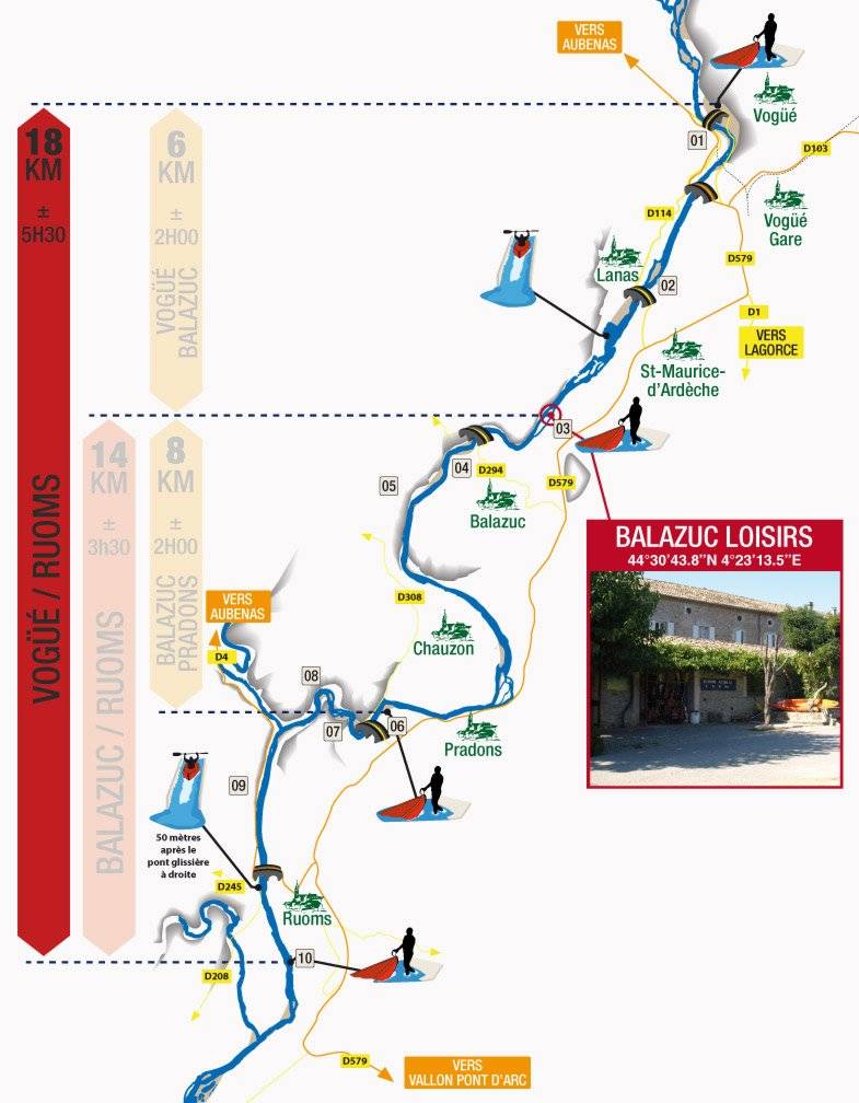 Carte pratique de la voie verte via Ardèche entre Vogüé et Grospierres avec parkings et tracés